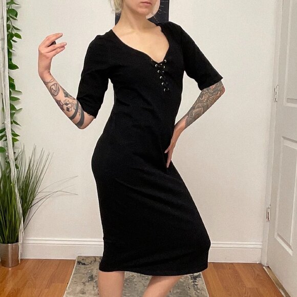 Monrow Mommy Jersey Lace-Up Midi Dress Short Sleeve Size L Black - Picture 16 of 16